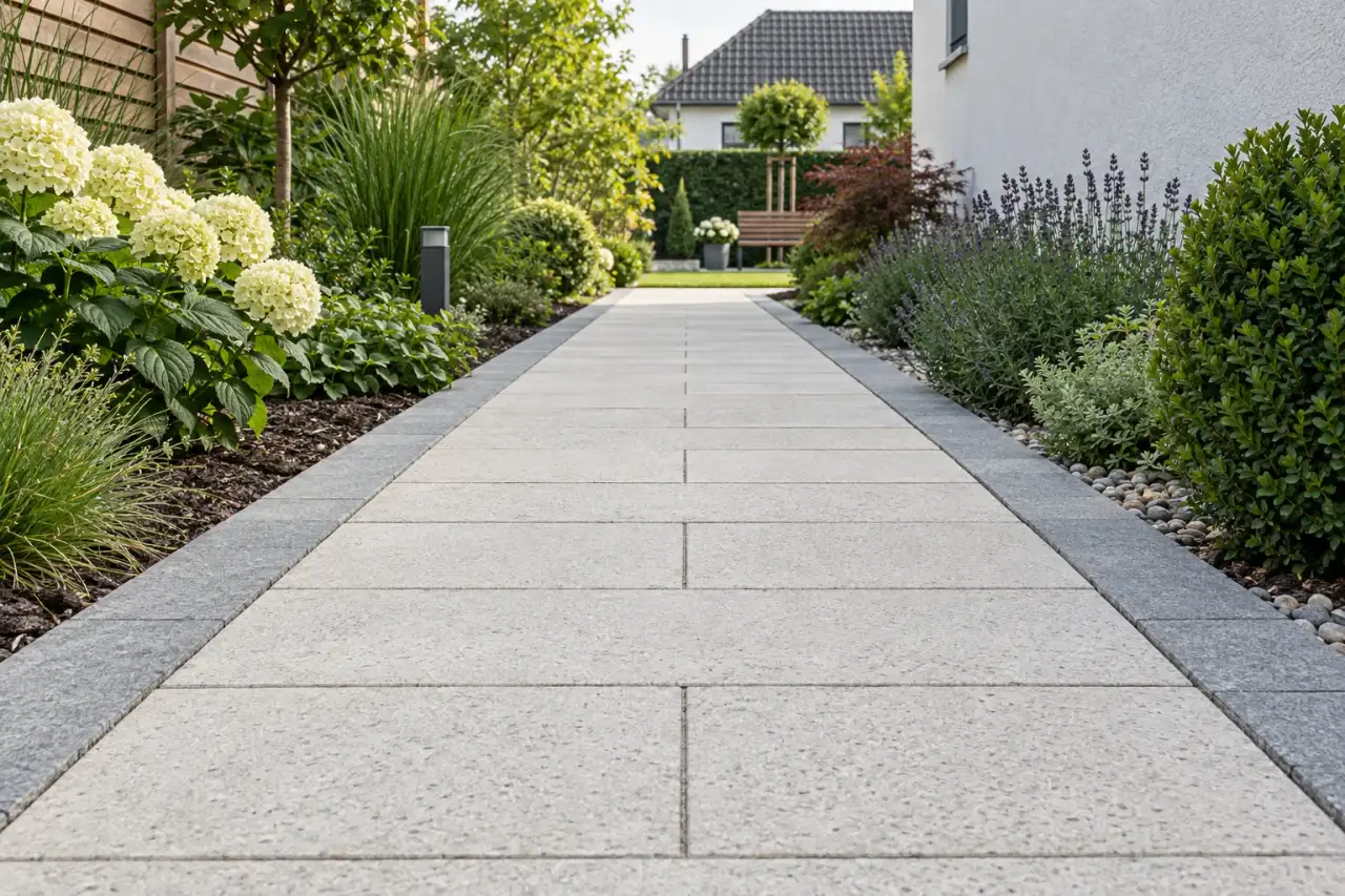 Geradliniger heller Gartenweg mit schlichter grauer Einfassung