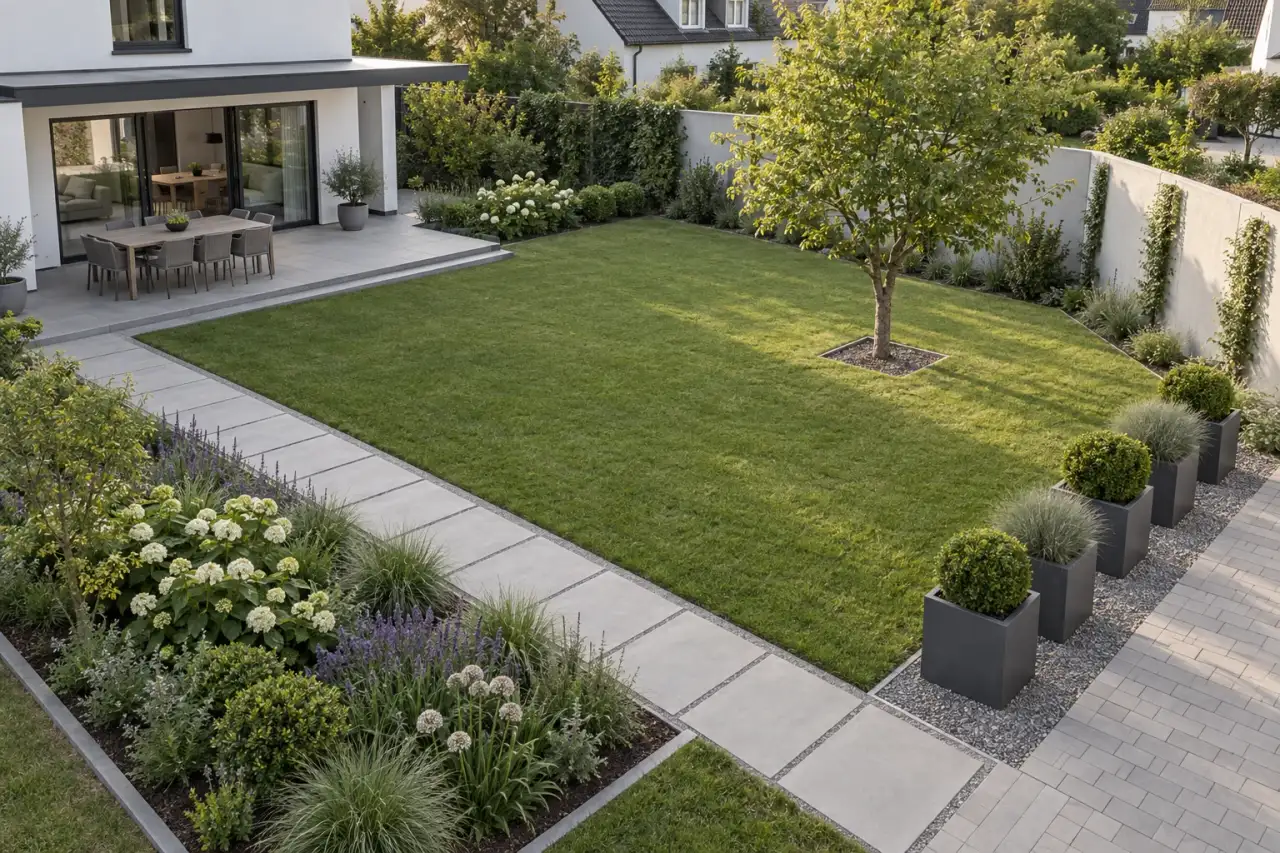Gesamtansicht mit geradem Weg, freier Terrasse, großem Beet, Solitär, Gefäßgruppe und Vertikalgrün