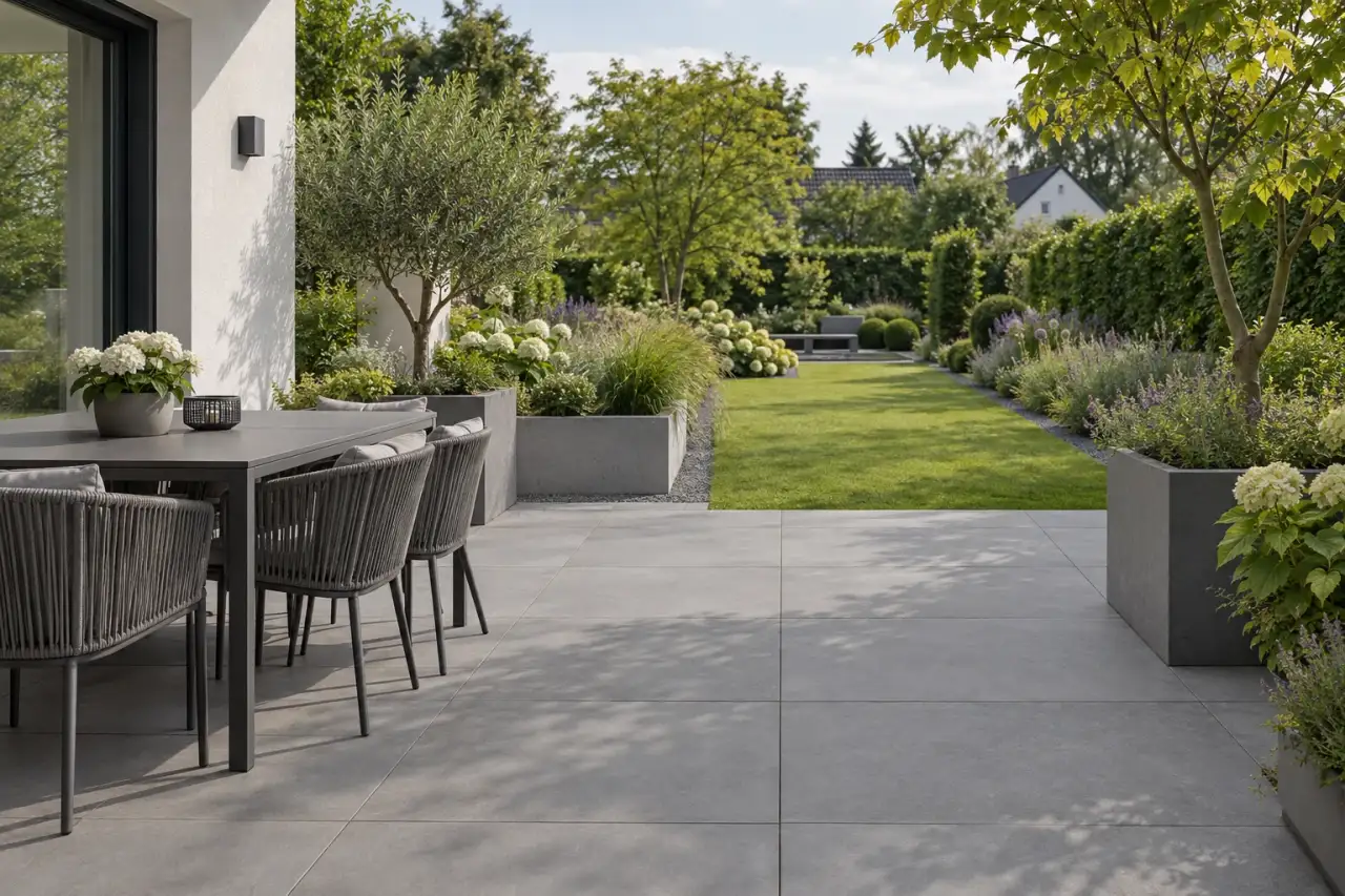 Schlichte graue Terrasse mit seitlich angeordneten Möbeln und freier Sichtachse
