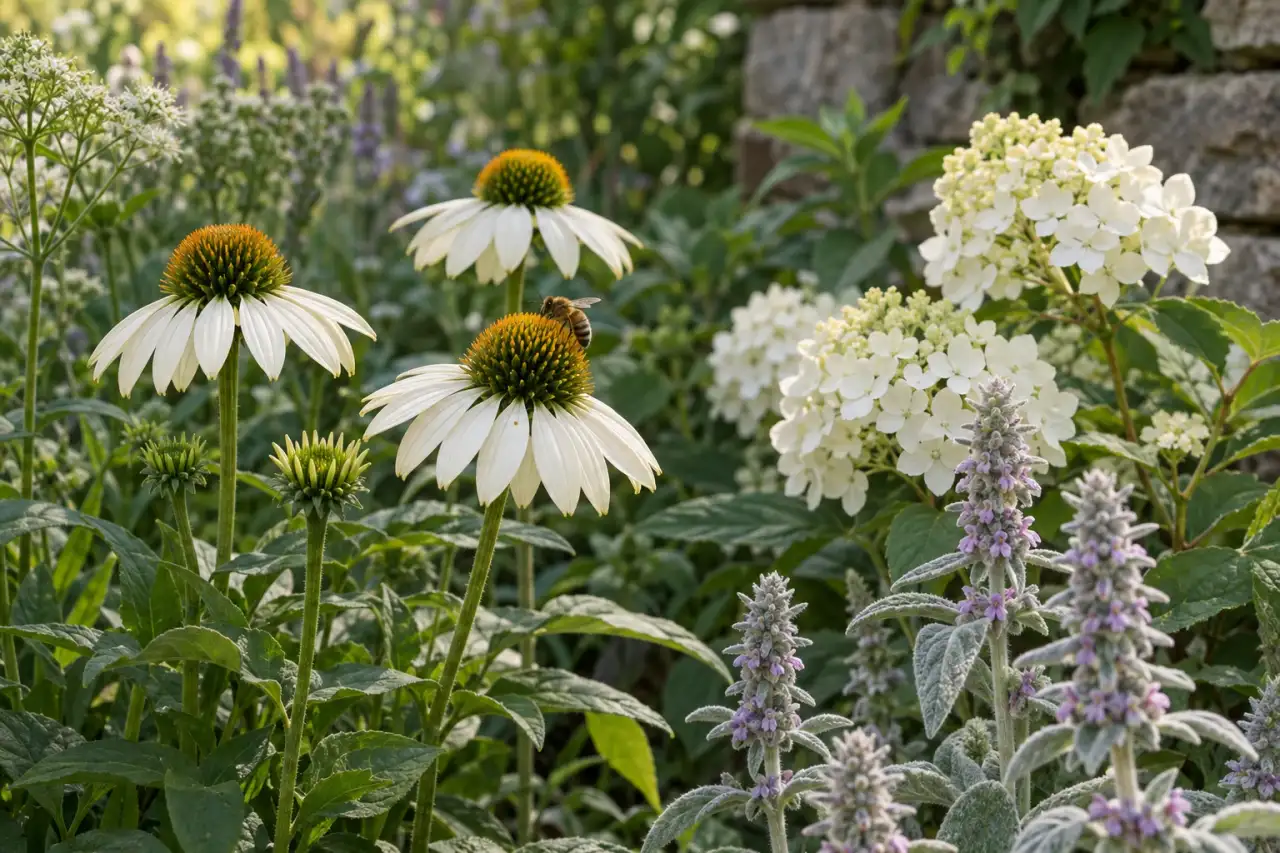 Zurückhaltend blühende Stauden mit wenigen hellen Blüten und einem Bestäuber