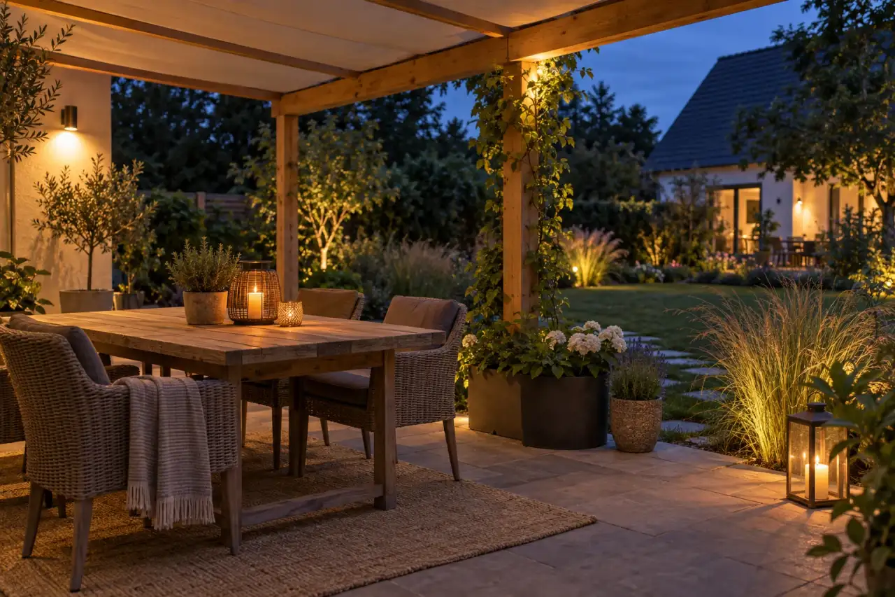 Ruhiger Lieblingsplatz auf einer minimalistischen Terrasse in warmer Abendstimmung