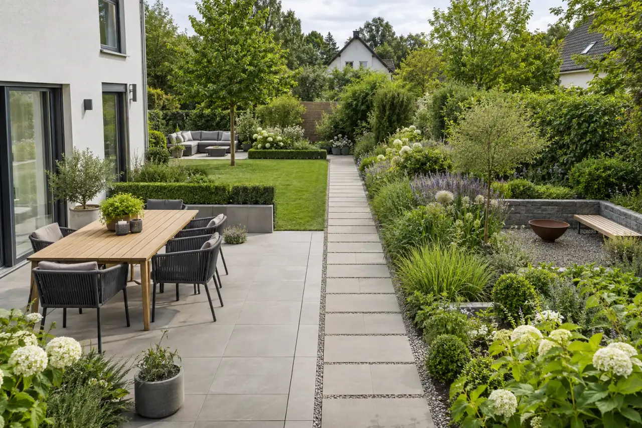 Klar gegliederte Gartenräume aus Terrasse, Weg und zusammenhängenden Beeten