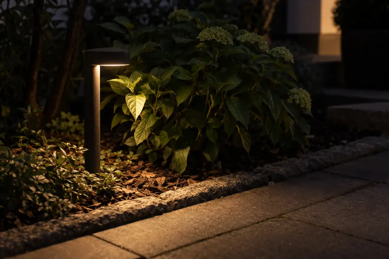 Abgeschirmter Lichtpunkt beleuchtet gezielt eine Pflanze und den Wegrand