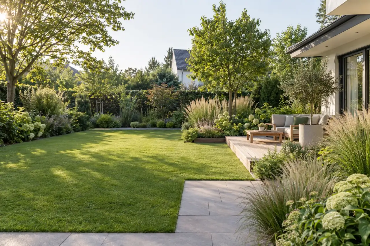 Einladender moderner Hausgarten mit klaren Beeten, Holzterrasse und ruhigem Grün