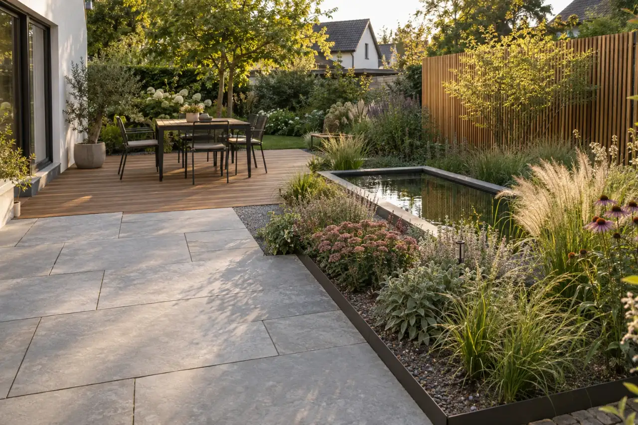 Moderner Garten: Großformatige Platten, Holzdeck, Metallkanten, Geradliniges Wasserbecken, Klare Gartenmöbel, Sichtschutz mit Rhythmus in einer gemeinsamen Gartenszene