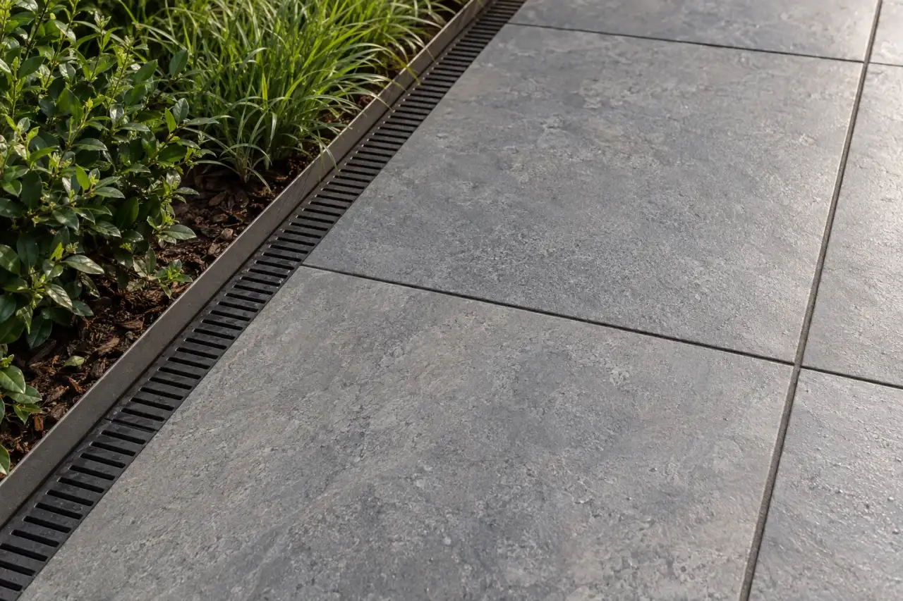 Großformatige graue Gartenplatten mit geradem Fugenbild am Beetrand