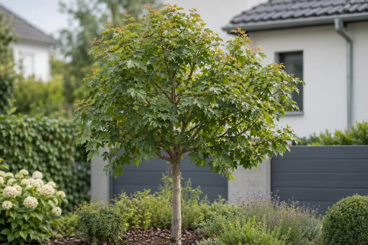 Kleiner Solitärbaum mit kompakter Krone in einem Pflanzbeet