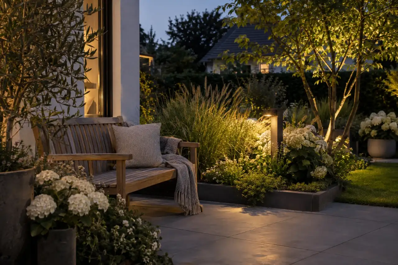 Wohnlicher Lieblingsplatz im modernen Garten bei ruhigem Abendlicht