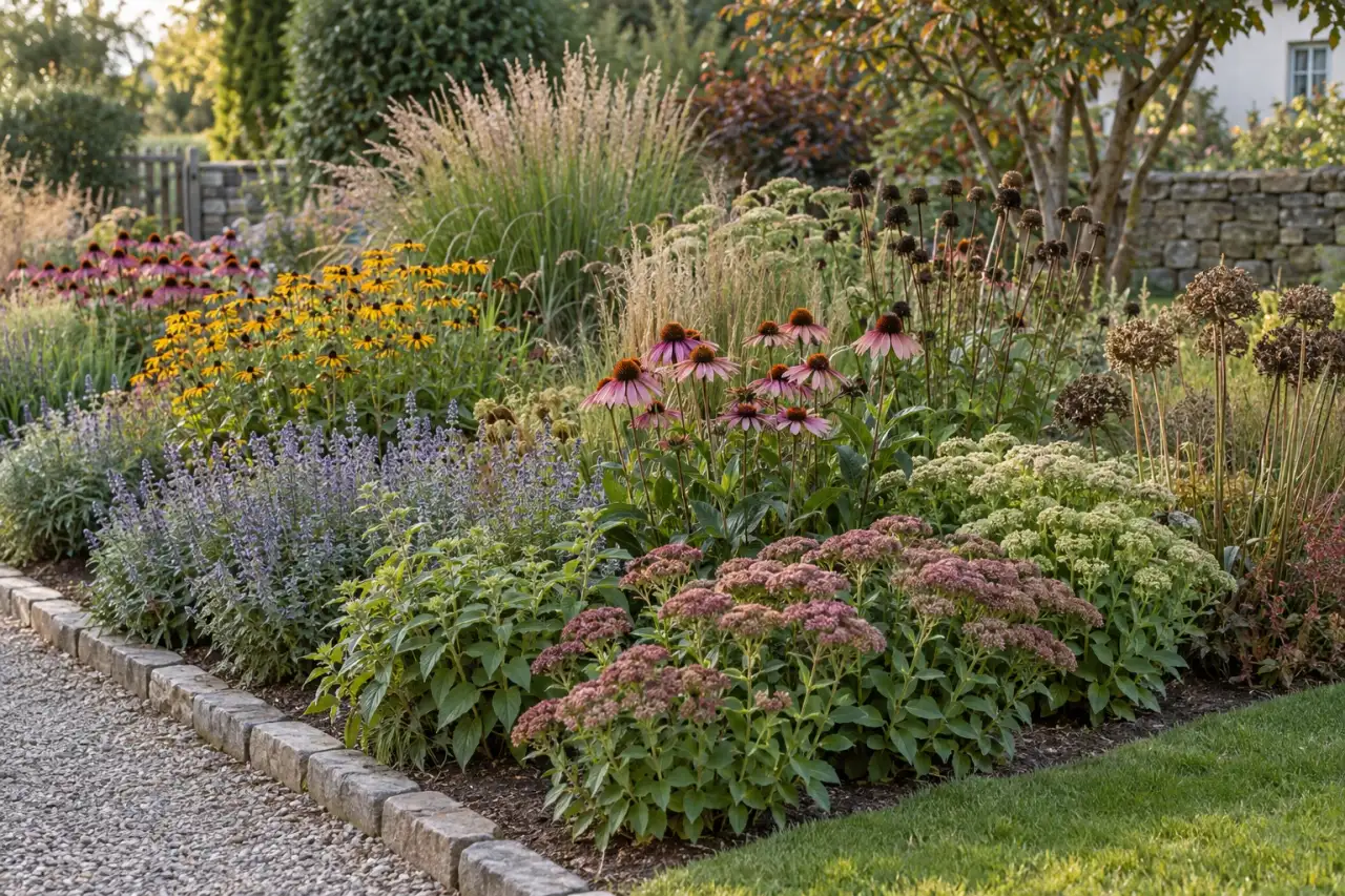 Wiederkehrende Pflanzengruppen mit Blüten und Samenständen im Beet