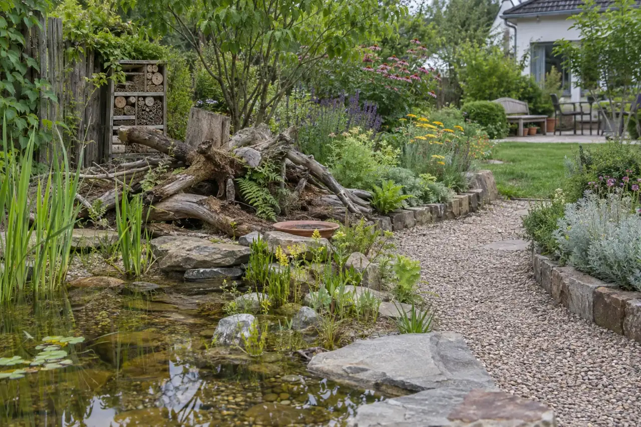 Verbundene Gartenbereiche mit Wasserstelle, Totholz, Weg und Pflanzung