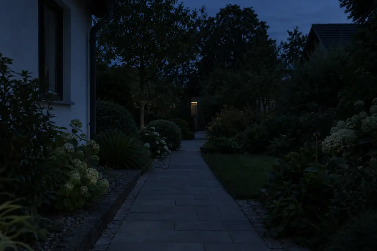 Dunkler Gartenweg in der Dämmerung ohne dekorative Lichtinszenierung