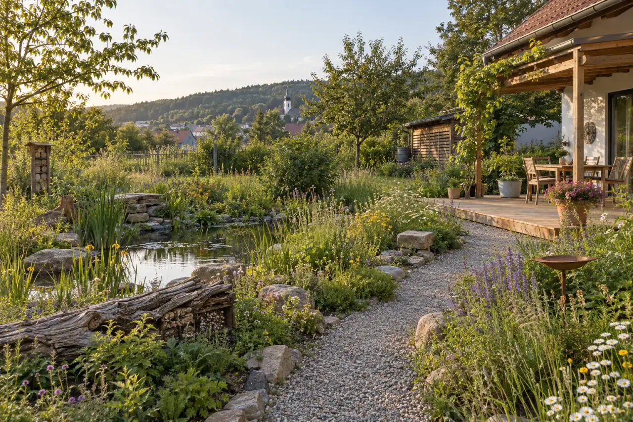 Einladender Naturgarten mit Wildpflanzen, Holzterrasse, Weg und sichtbaren Lebensräumen