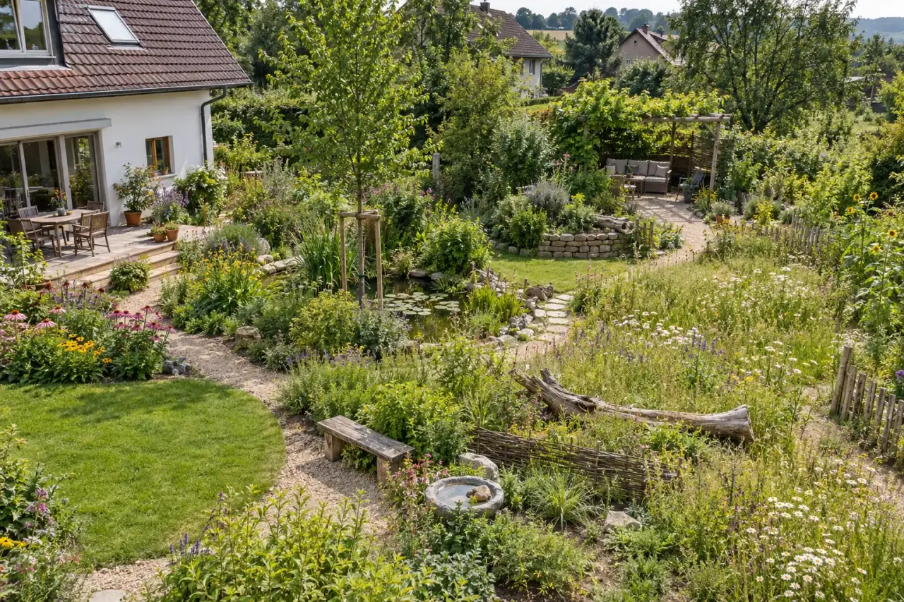 Naturgarten als Gesamtbild mit Holzterrasse, Trockenmauer, Wasserstelle, Totholz, Wegen und geschütztem Sitzplatz