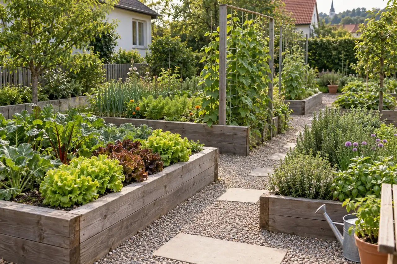 Nutzgarten mit klar abgegrenzten Beeten und Pflanzenrollen