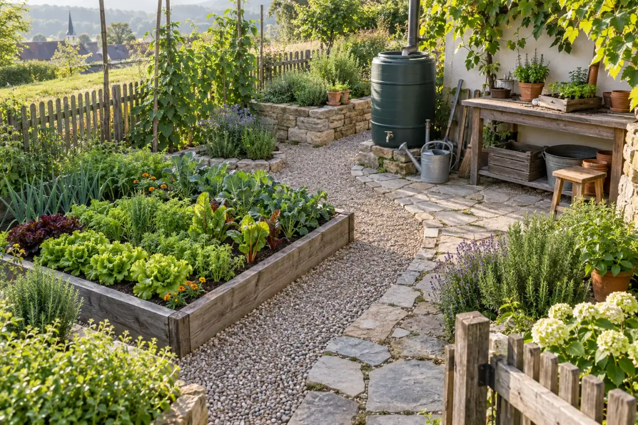 Kurzer Gartenweg verbindet Beet, Wasserfass und Pflanztisch