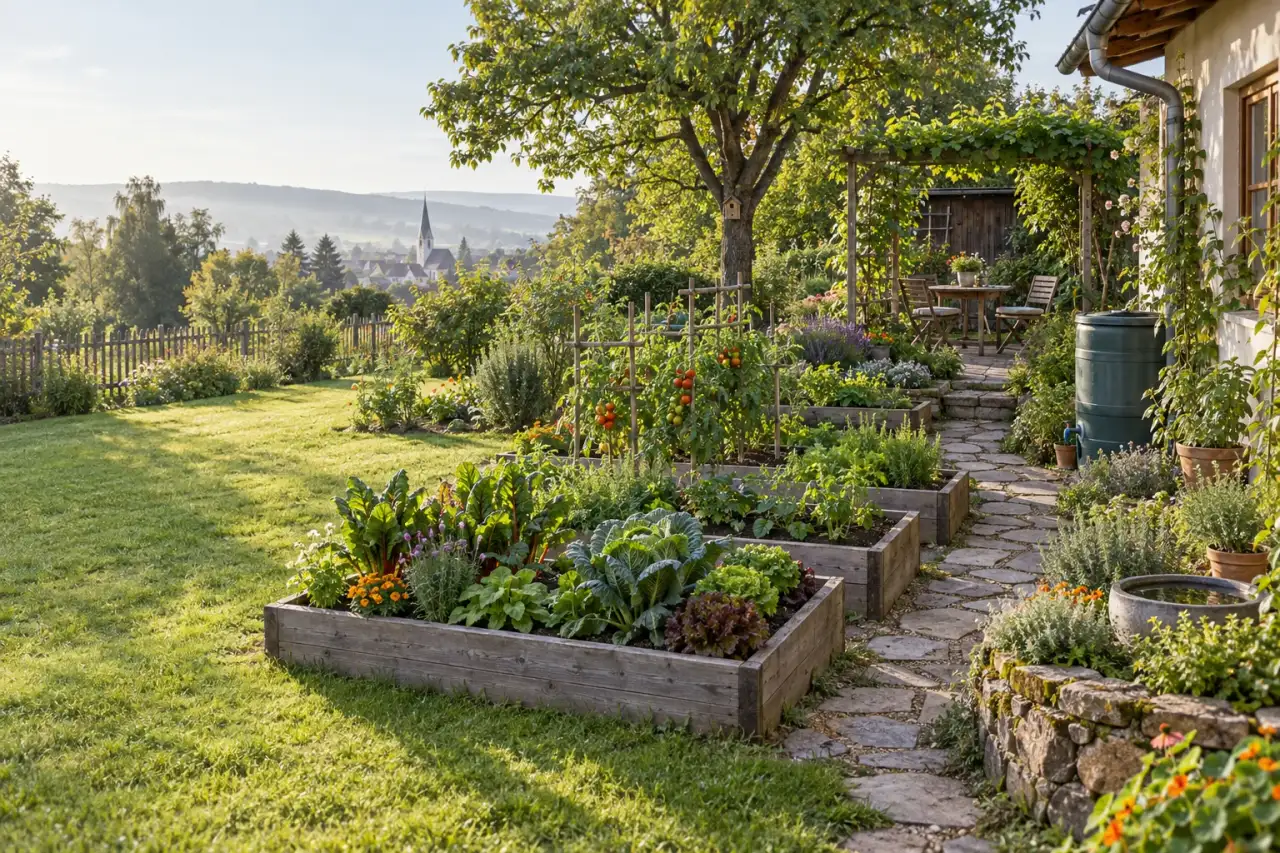 Wohnlicher Nutzgarten mit Beeten, Wegen, Rankgerüst und Sitzplatz