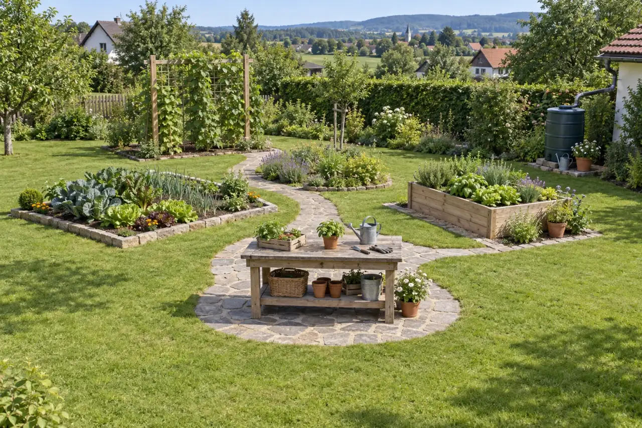 Gesamtansicht mit Gemüsebeet, Hochbeet, Rankgerüst, Weg, Wasserfass und Pflanztisch