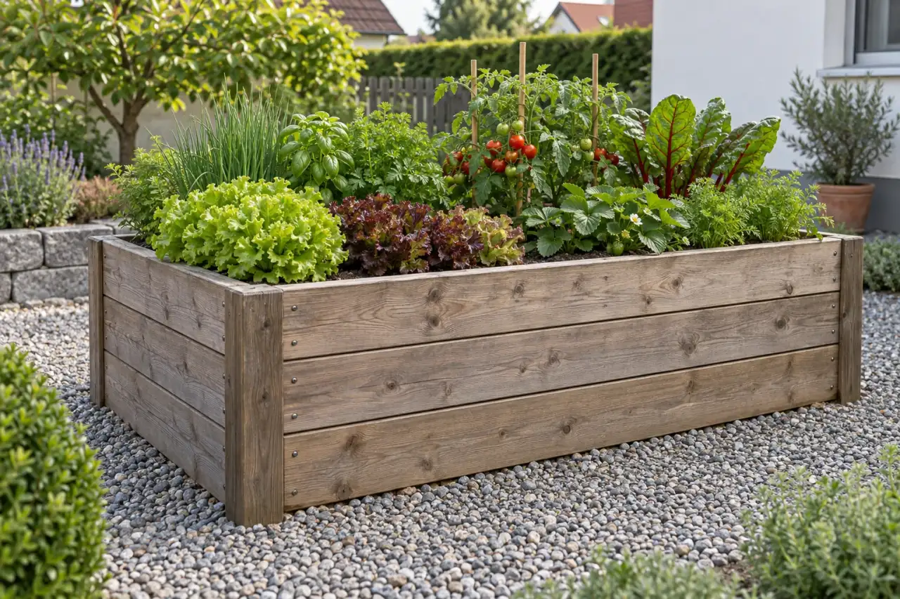 Holzhochbeet mit standortgerecht gewählten Nutzpflanzen