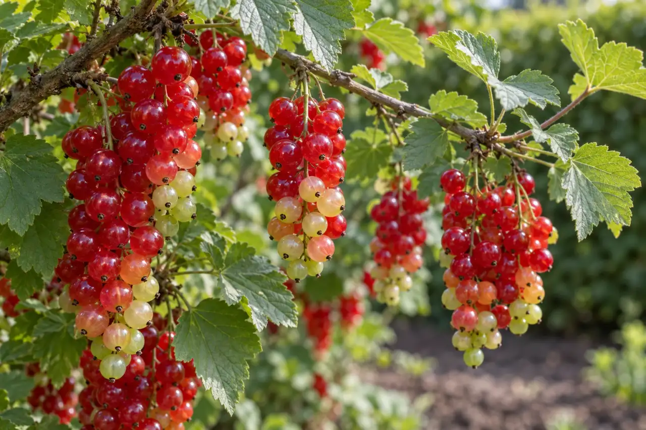 Beerenstrauch mit reifenden Früchten vor ruhigem Grün