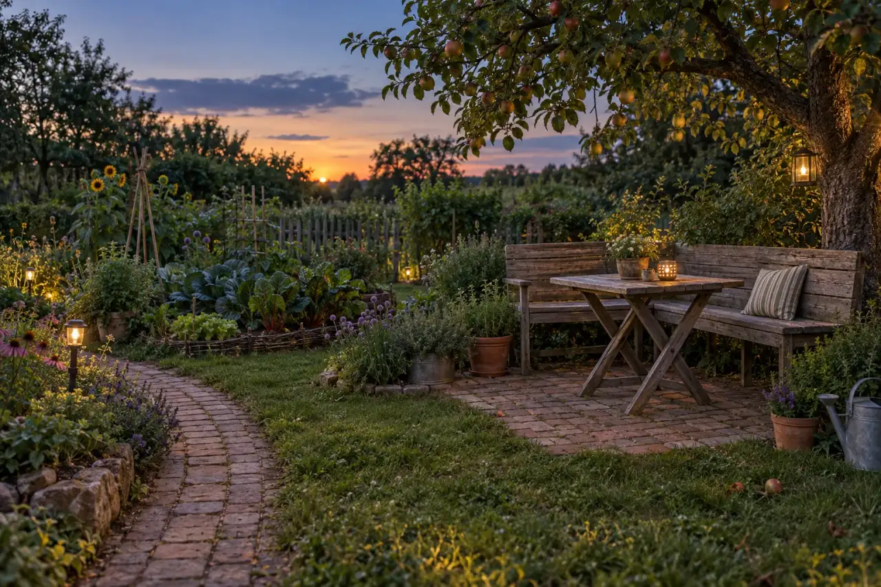 Wohnlicher Lieblingsplatz zwischen Nutzbeeten in der Abendstimmung