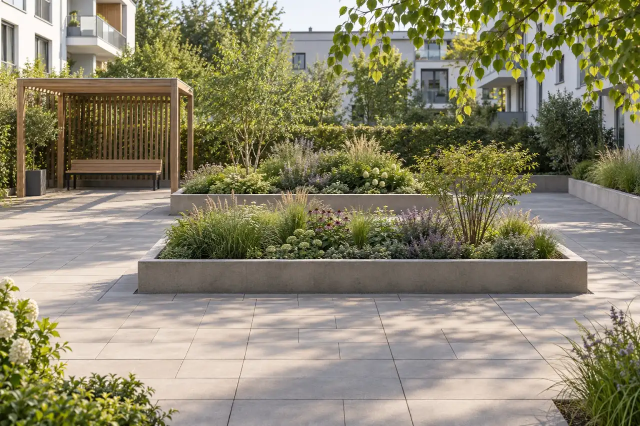 Geometrisch gegliederte Terrasse mit locker überhängendem Grün und offenem Schattenspender