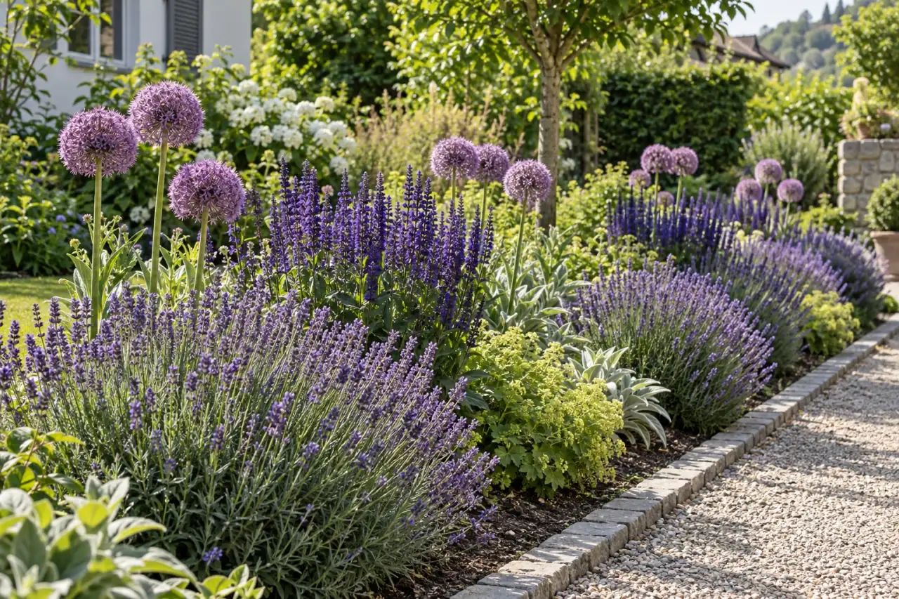 Wiederkehrende Gruppen aus Lavendel, Steppen-Salbei und Zierlauch entlang eines Weges