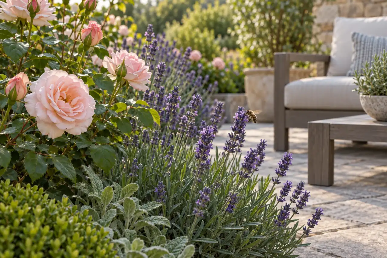 Dosierte Duftbepflanzung aus Rose und Lavendel nahe einem Sitzplatz
