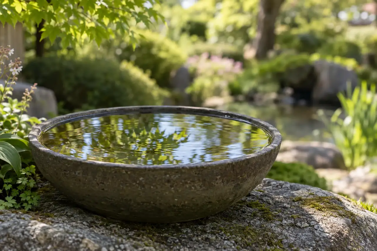 Flache Wasserschale mit Spiegelungen von Himmel und Blättern