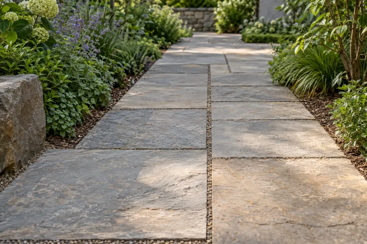 Geradliniger Gartenweg aus regional wirkenden Steinplatten mit klarer Beetkante