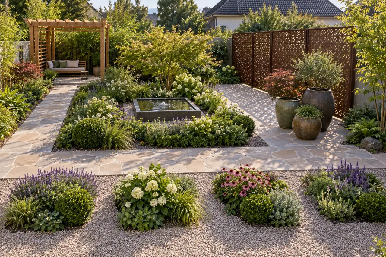 Gesamtansicht mit Wasserschale, geradem Weg, großen Gefäßen, Pergola, Sichtschutz und Pflanzinseln