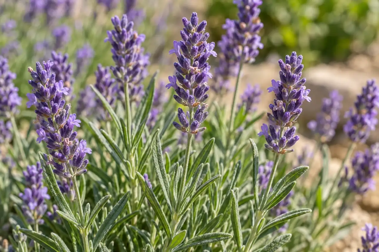 Echter Lavendel mit violetten Blütenähren und schmalem graugrünem Laub
