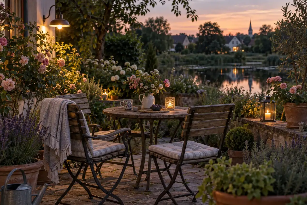 Ruhiger Gartensitzplatz mit warmem Licht, üppigem Grün und Wasserspiegelung am Abend