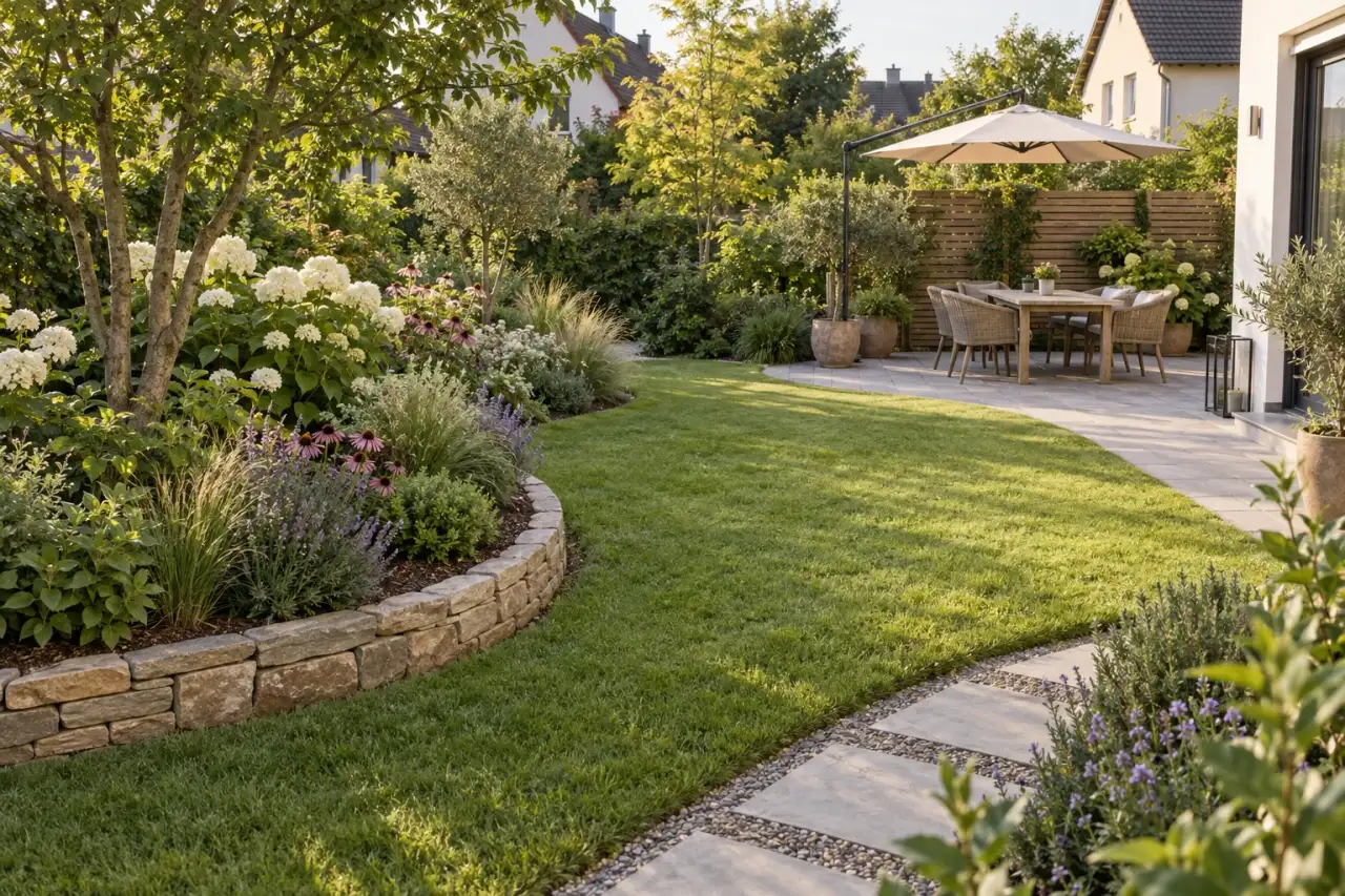 Garten mit wenigen großen und klar zusammenhängenden Flächen