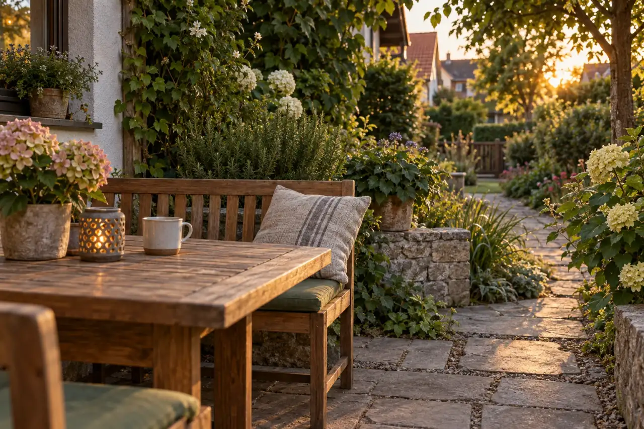 Alltagstauglicher Sitzplatz zwischen ruhigen grünen Flächen