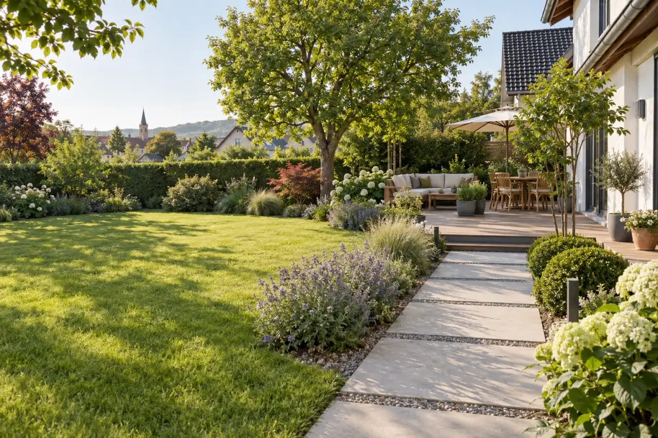 Pflegeleichter Hausgarten mit klaren Wegen, ruhigen Beeten und Holzterrasse