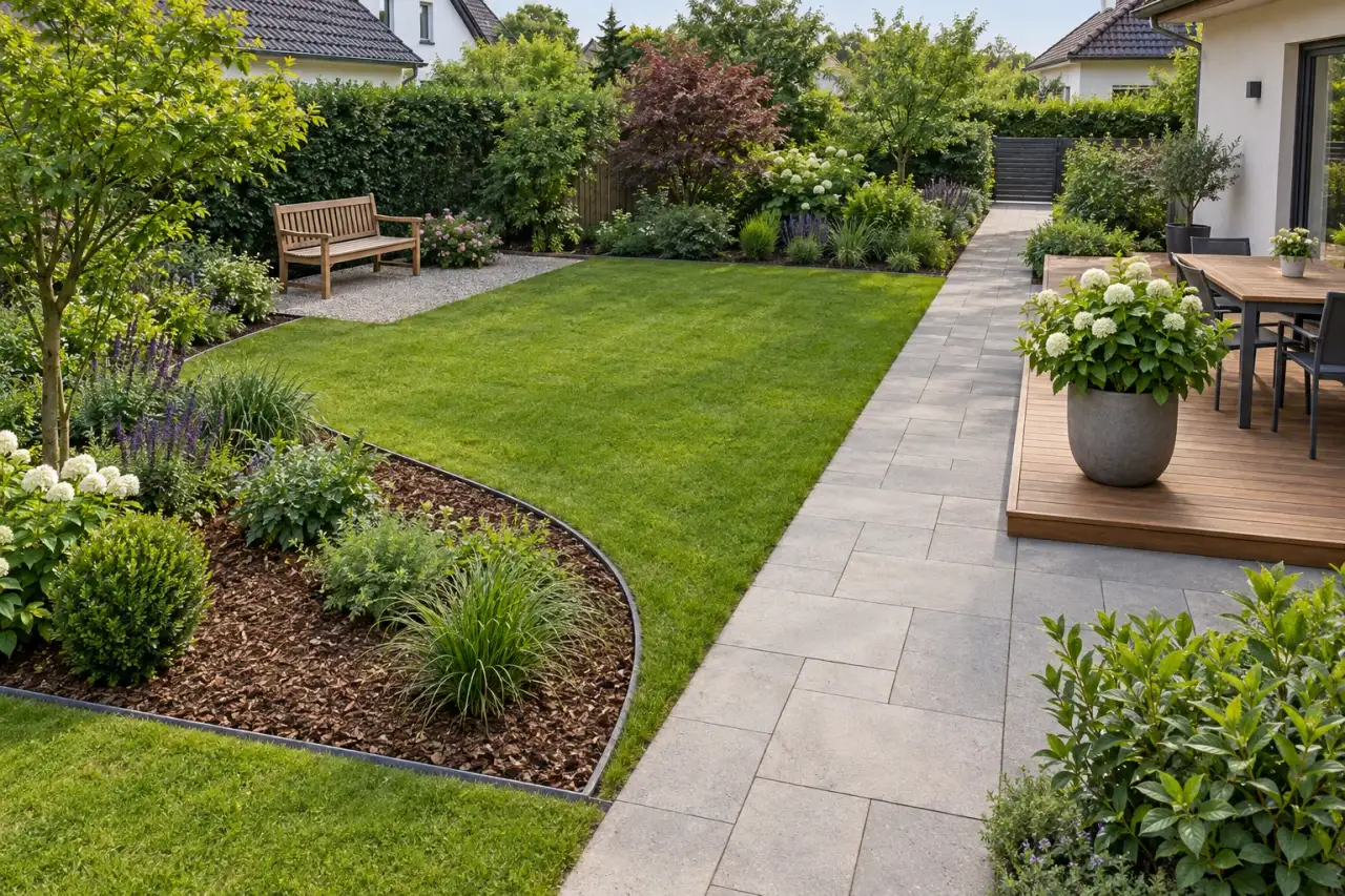 Gesamtansicht mit Beetkante, Hauptweg, Holzterrasse, Bank, Mulchbeet und großem Pflanzkübel