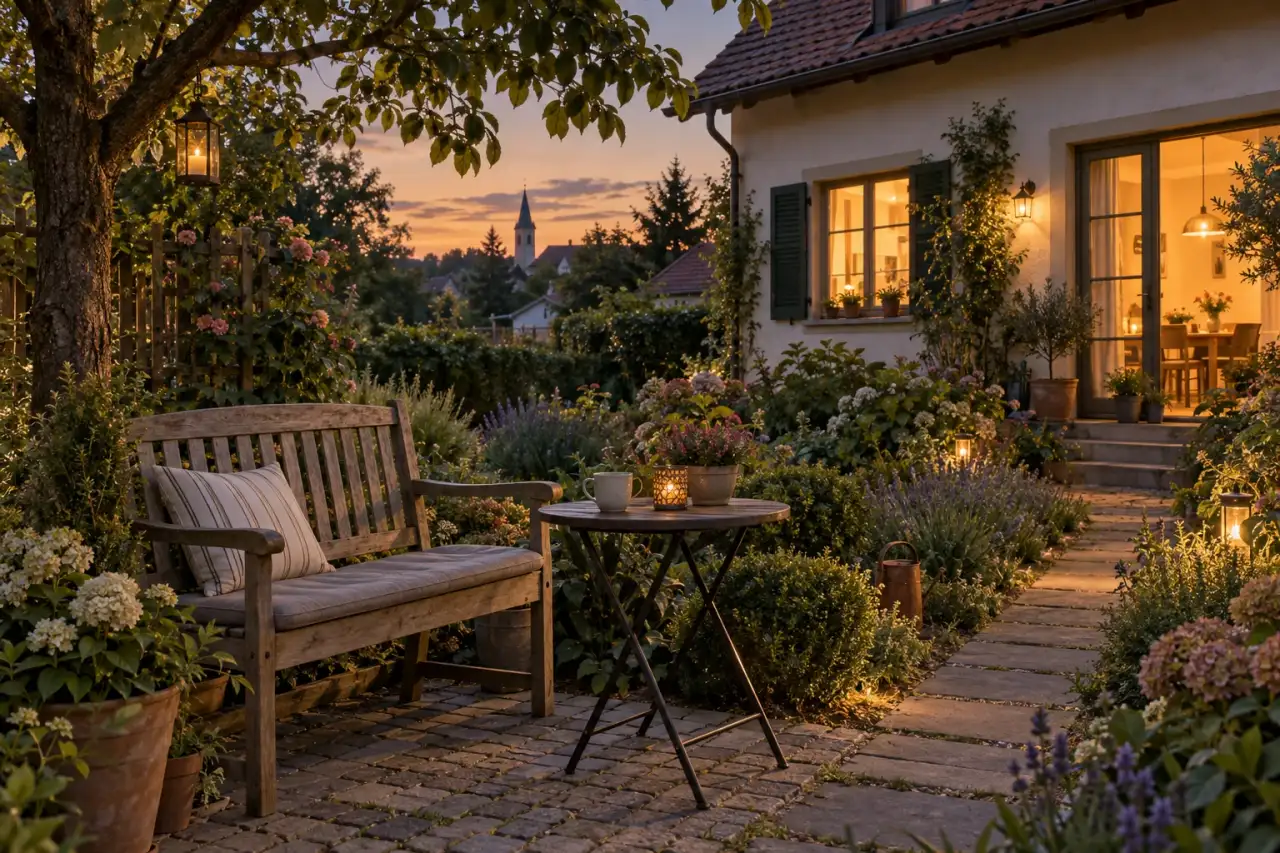 Wohnlicher Lieblingsplatz in einem ruhigen Garten am Abend