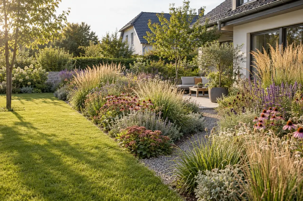 Weiter Präriegarten mit Gräserbändern, Blütenstauden, Weg und ruhigem Sitzplatz an einem deutschen Wohnhaus