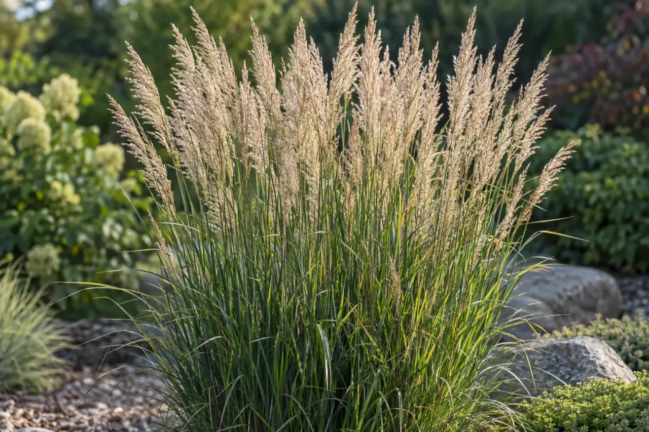 Aufrechter Horst von Garten-Reitgras mit schmalen, senkrechten Blütenrispen