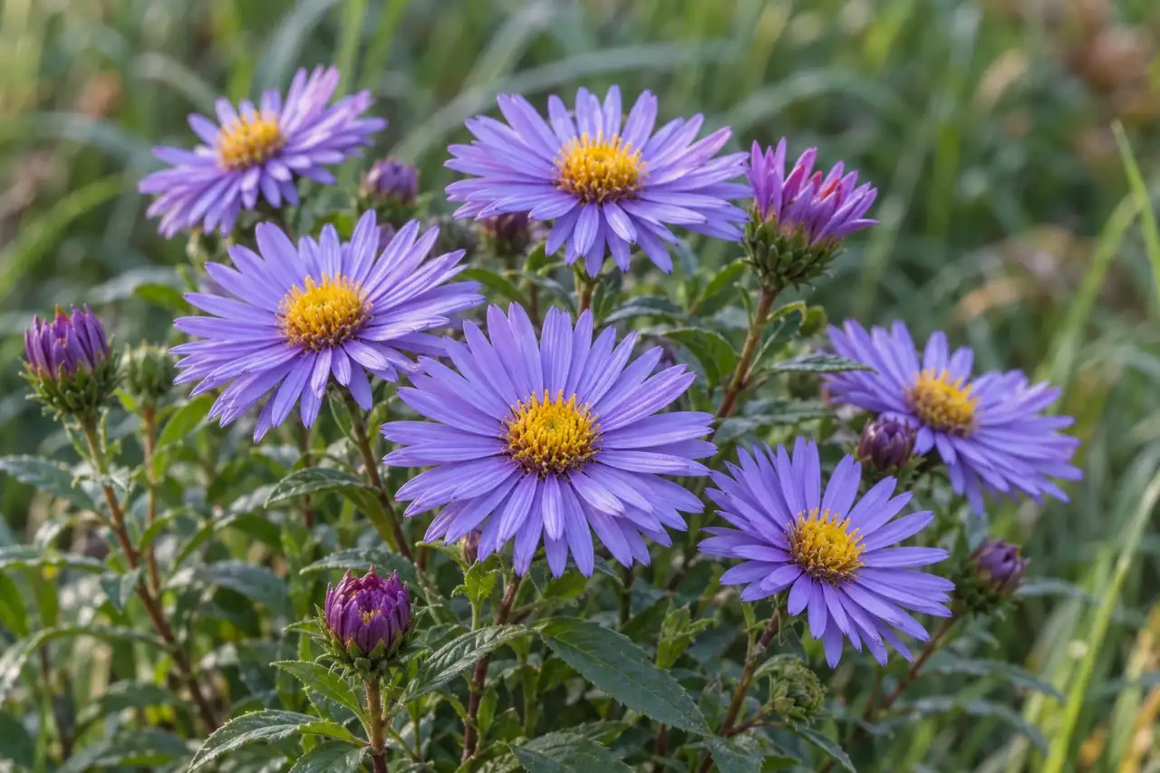 Violett blühende, standortgerecht auszuwählende Herbstastern im Detail