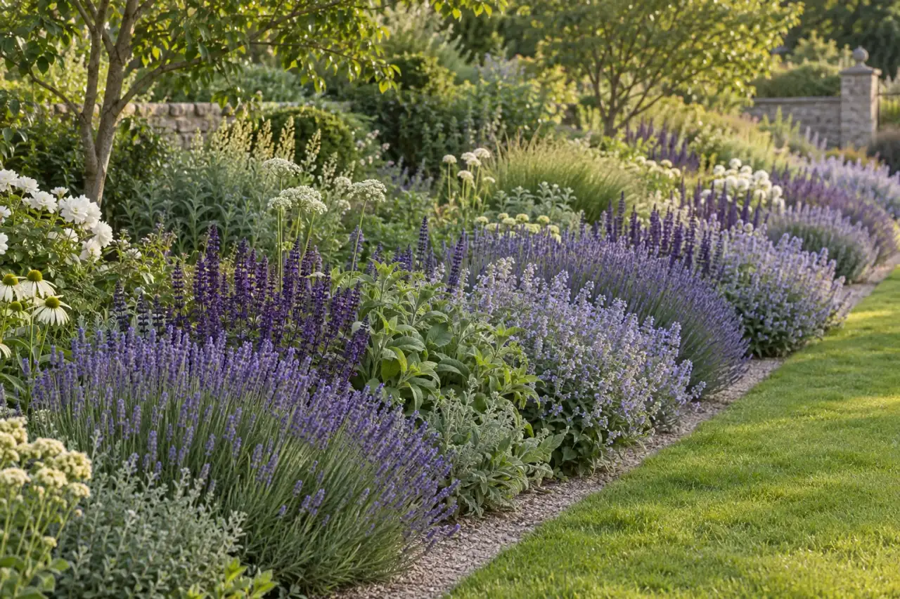 Wiederkehrende violette Blütenbänder mit hellen Blütenpausen