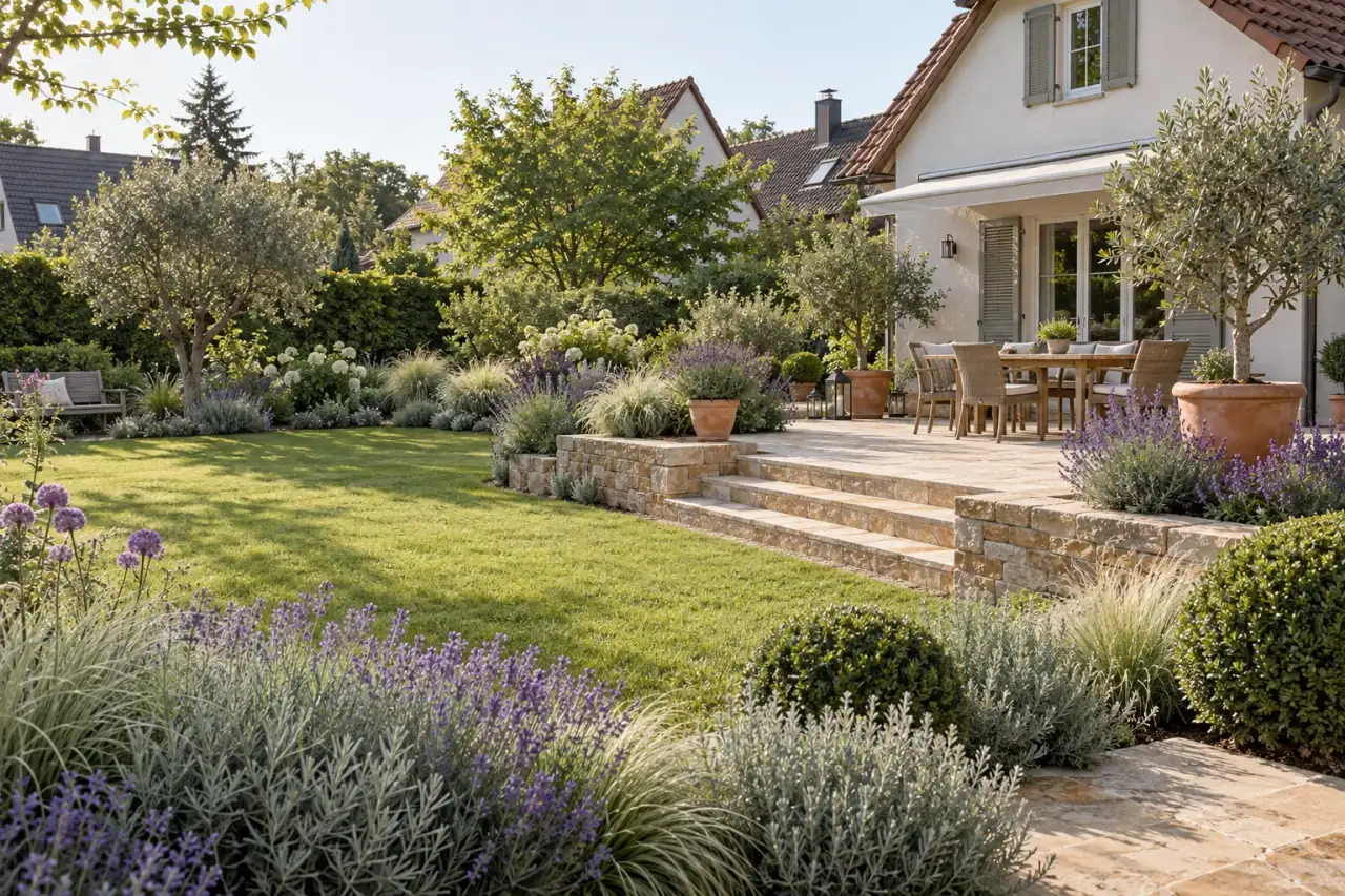 Provence-inspirierter deutscher Hausgarten mit Lavendel, warmem Stein und Terrasse
