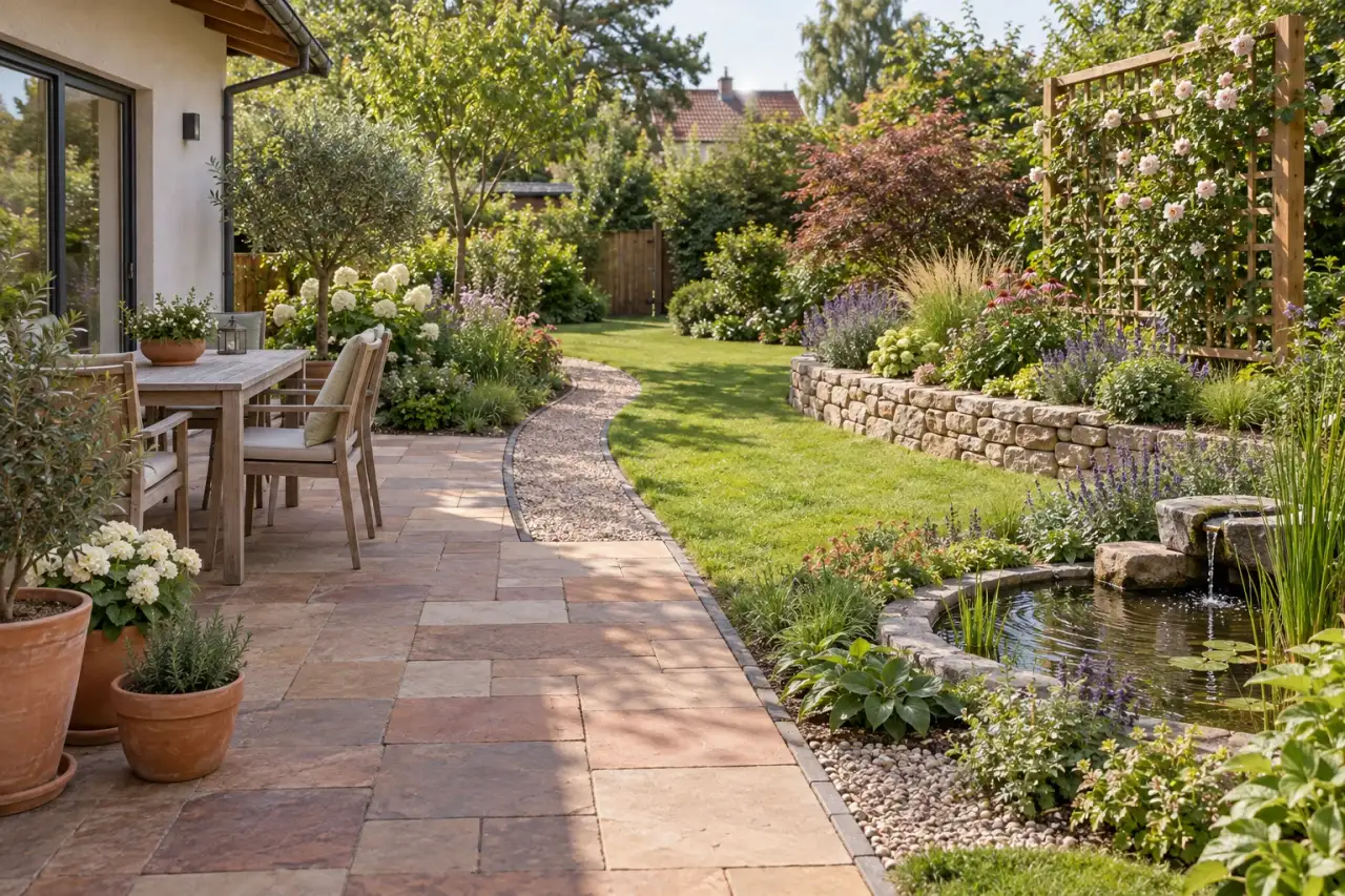 Gesamtansicht mit Sitzplatz, Gefäßen, Weg, Beetkante, Rankgerüst und Wasserstelle