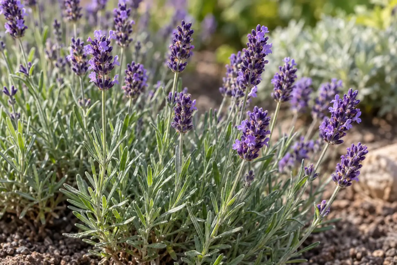 Echter Lavendel mit silbrigem Laub und violetten Blütenähren