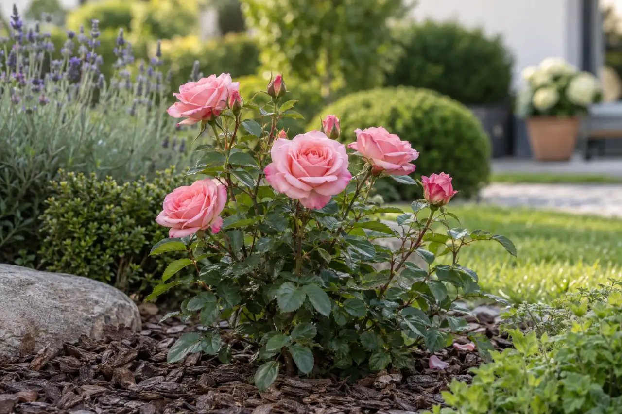Kompakte Rose oder kleines Gehölz als ruhiger Gerüstpunkt