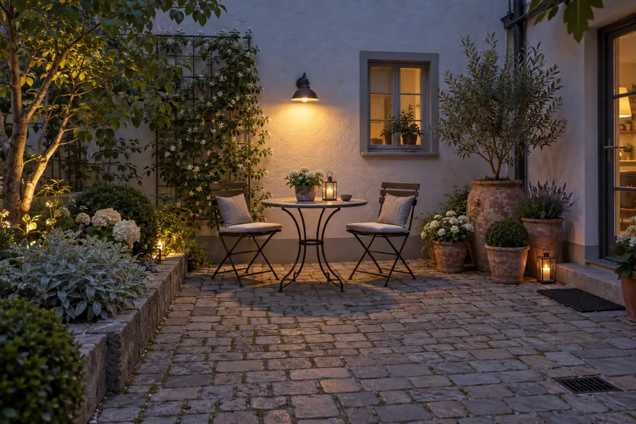 Ruhiger Lieblingsplatz im Provence-inspirierten Garten am Abend