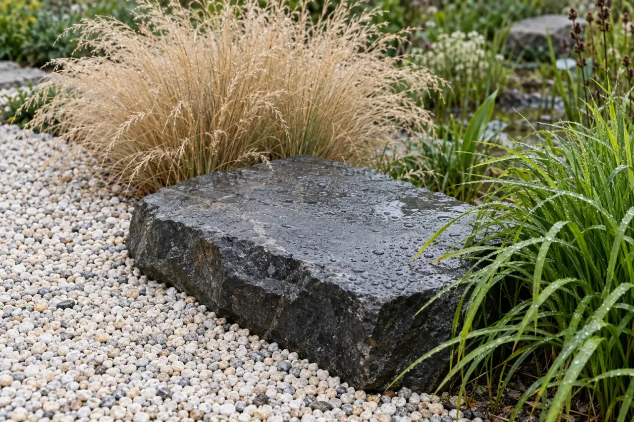 Dunkler Naturstein, feiner Kies und Gräser als ruhiger Materialkontrast