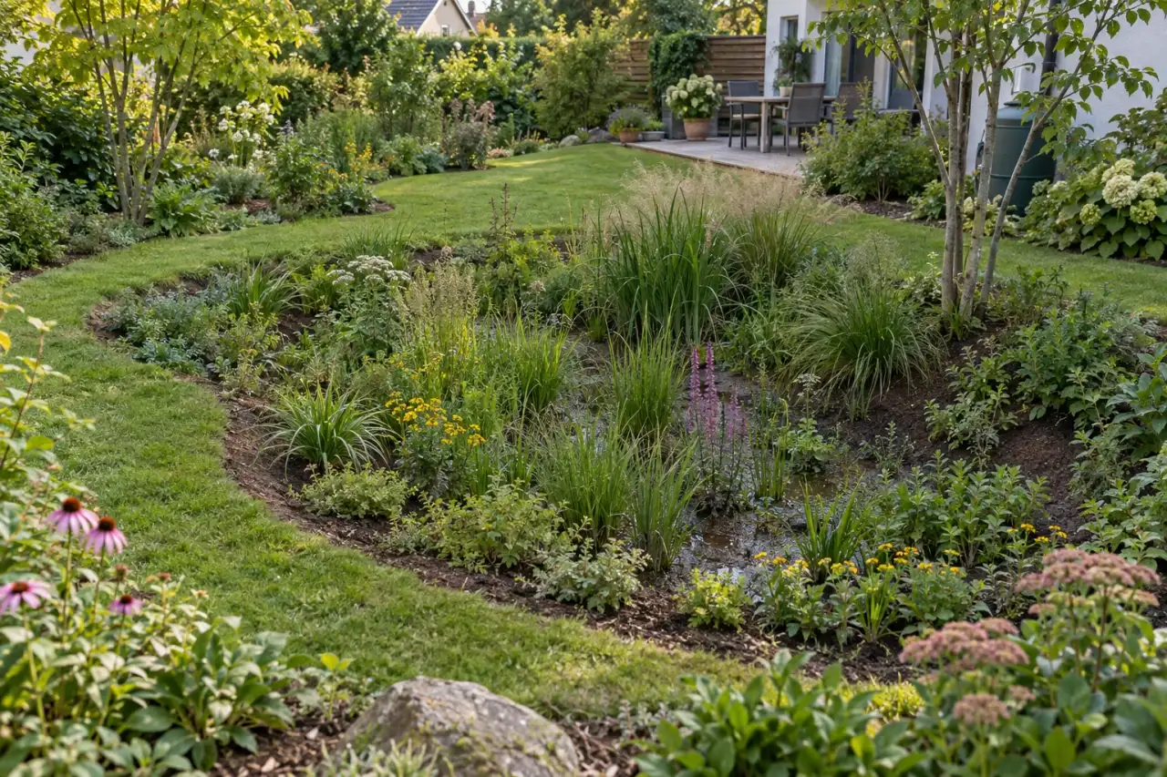 Sanft geformtes Muldenrelief mit breiten Bögen im bestehenden Garten