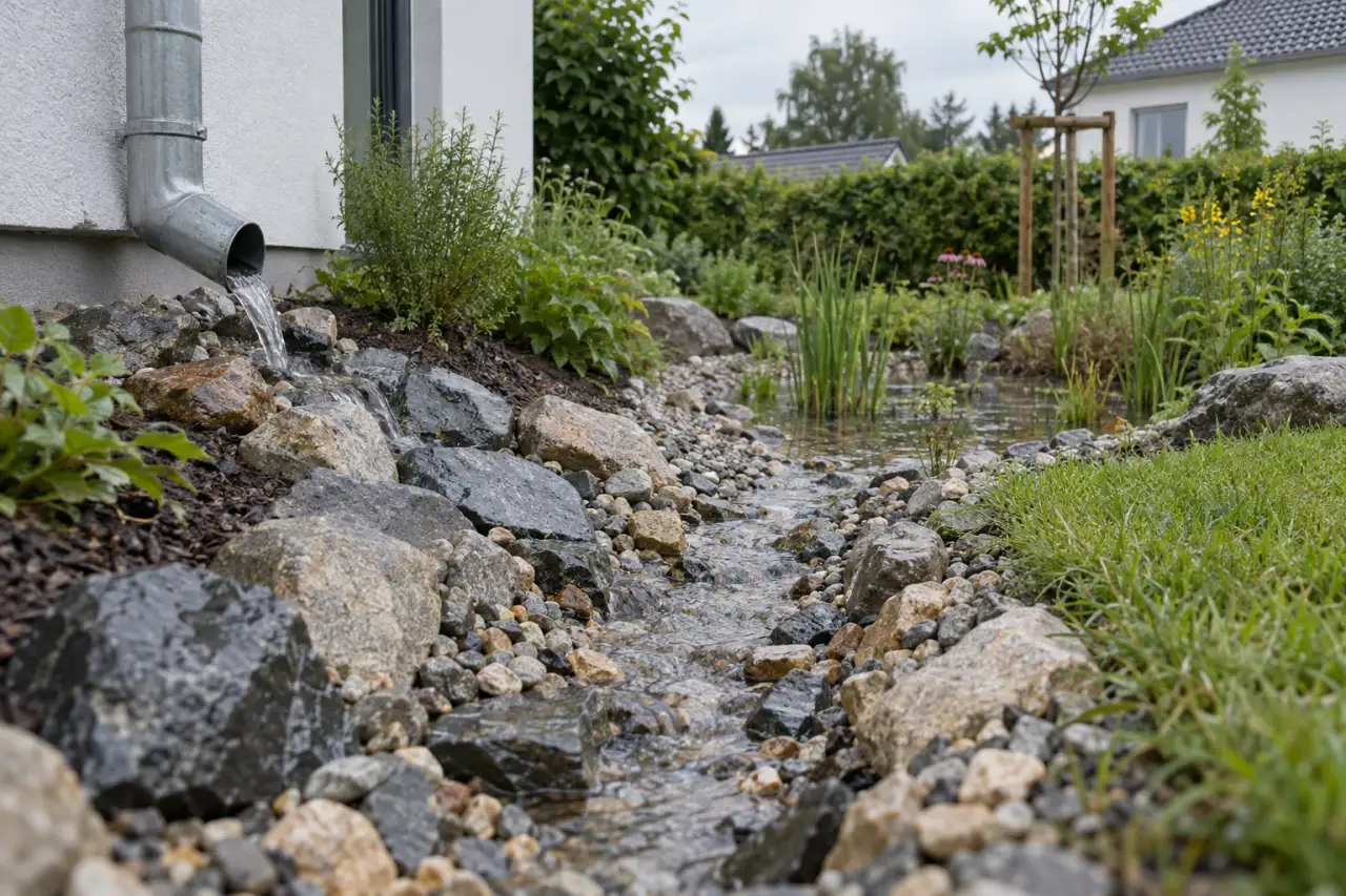 Sichtbarer Regenweg aus Kies und Naturstein zwischen Haus und Pflanzmulde