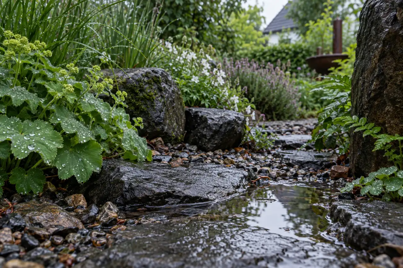 Spiegelnde Wasserstellen, dunkler Stein und frisches Grün nach Regen